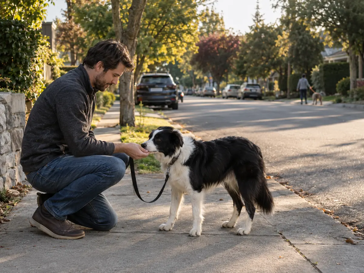 A man kneels on a sidewalk and gives his border collie a treat while another dog walks far across the street.