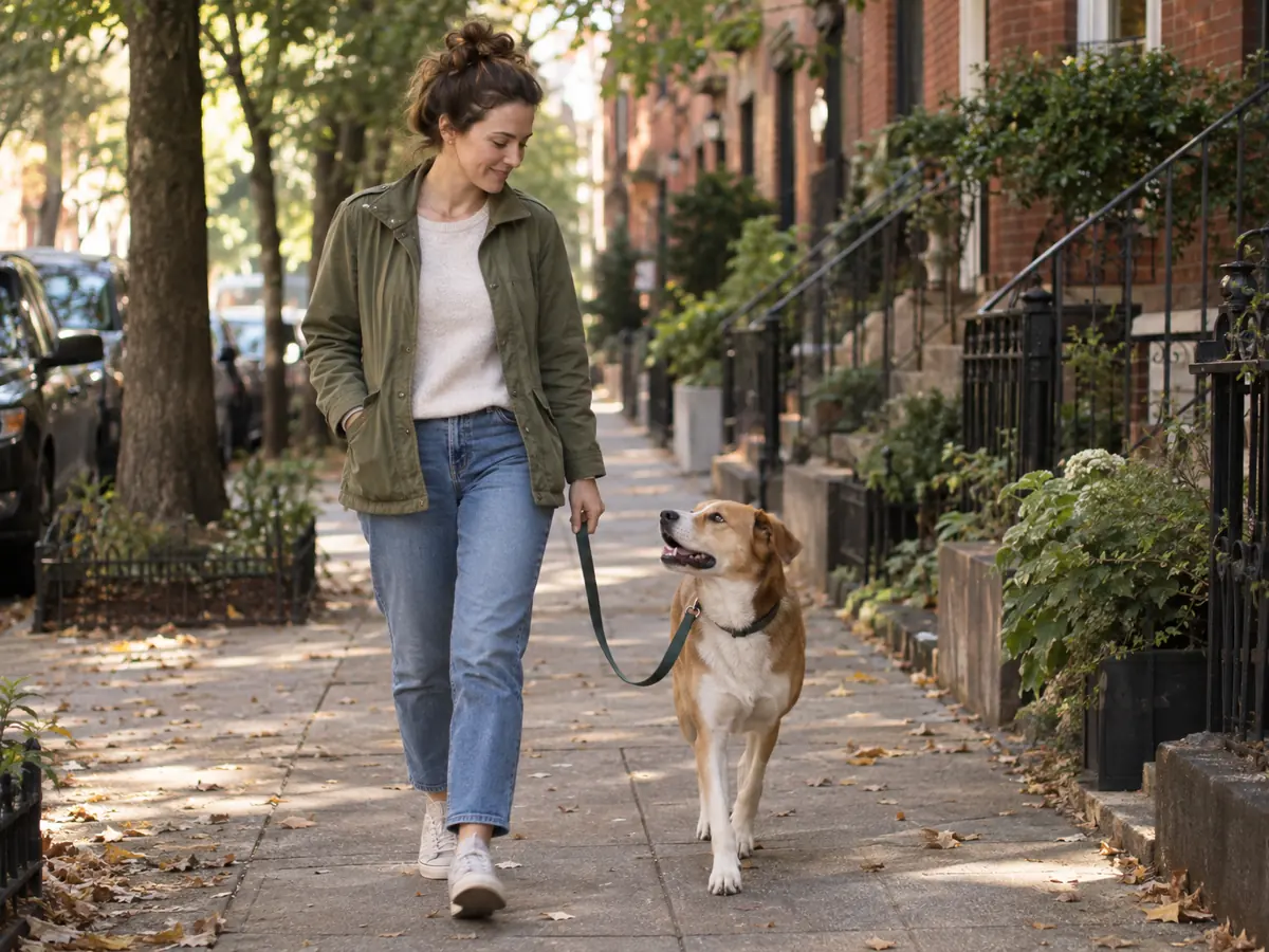 A woman walks her tan-and-white rescue dog on a loose leash down a quiet city sidewalk; the dog looks up at her.