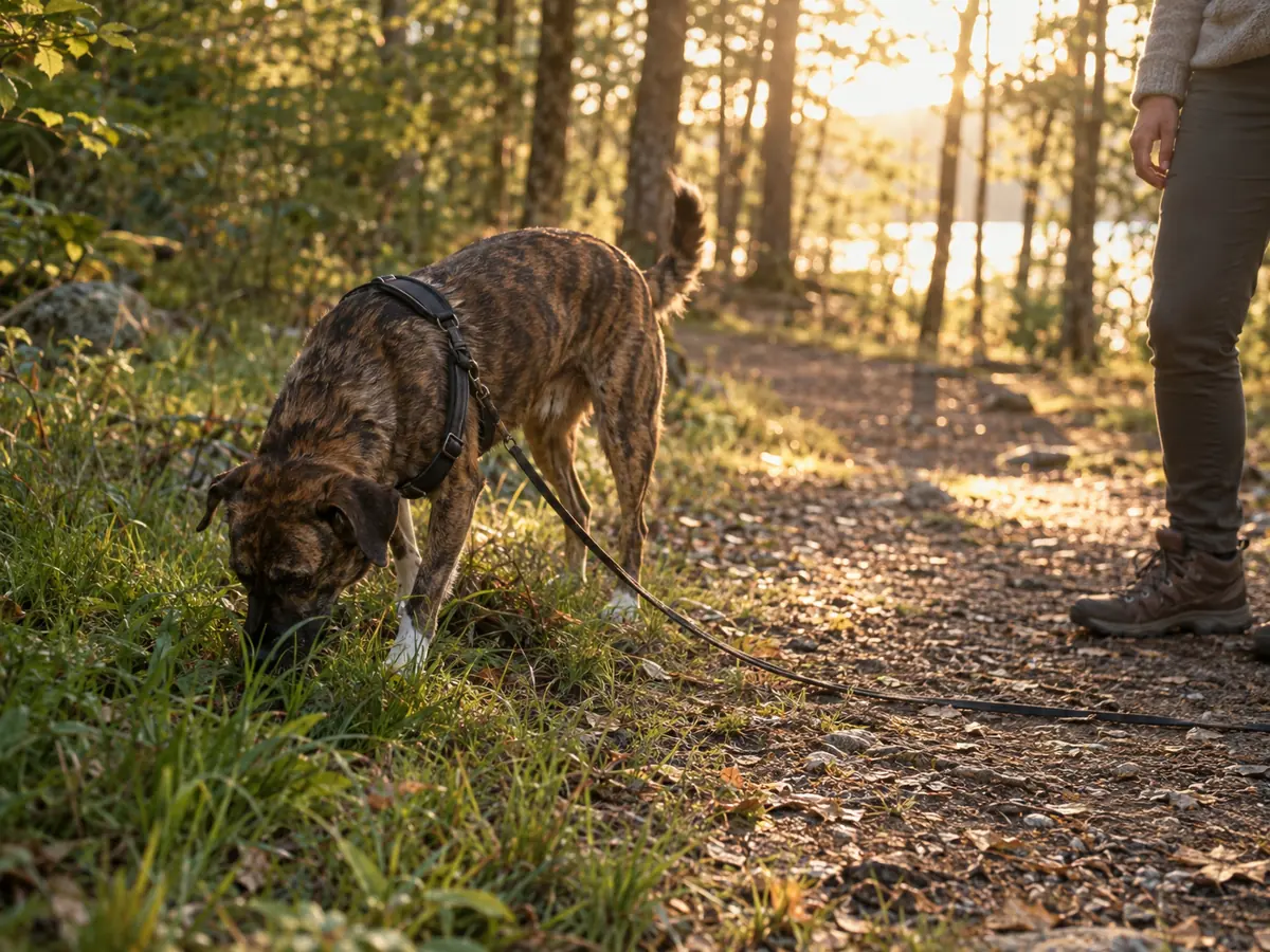 A brindle dog sniffs the grass beside a forest trail on a long, slack leash while its owner waits.